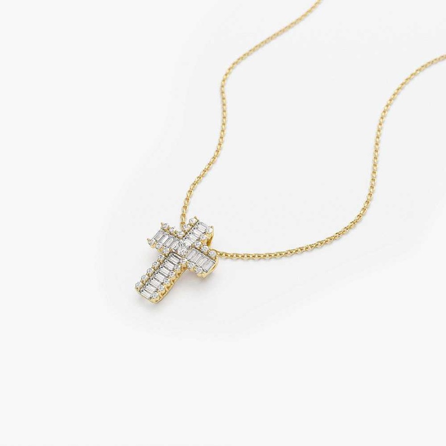 Necklaces Ferkos Fine Jewelry | 14K Unique Cross With Baguettes And Round Diamonds