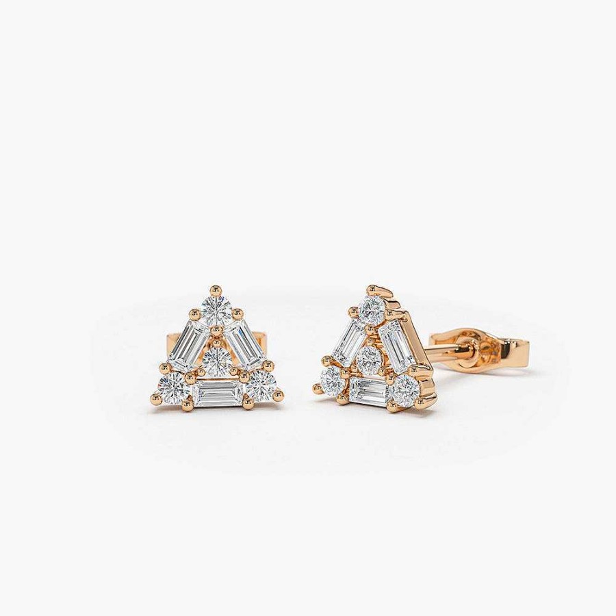 Earrings Ferkos Fine Jewelry | 14K Triangle Shaped Round & Baguette Diamond Studs