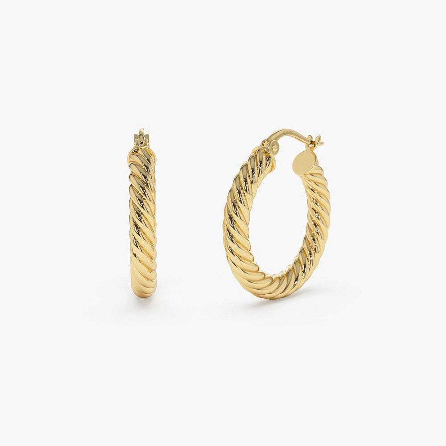 Earrings Ferkos Fine Jewelry | Twist Rope Hoop Earrings 25Mm 14K Gold