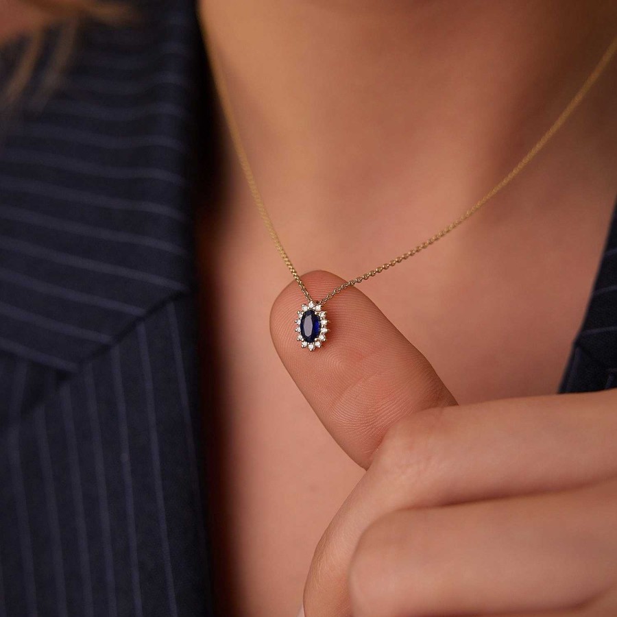 Necklaces Ferkos Fine Jewelry | 14K Sapphire Necklace With Halo Diamonds Necklace