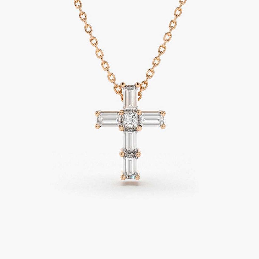 Necklaces Ferkos Fine Jewelry | Baguette Diamond Tiny Cross Necklace