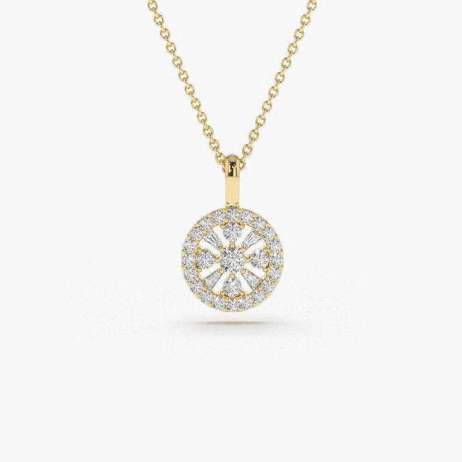 Necklaces Ferkos Fine Jewelry | 14K Baguette And Round Diamond Charm Necklace