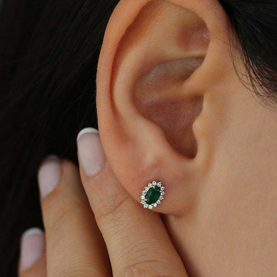 Earrings Ferkos Fine Jewelry | 14K Emerald Earrings With Halo Diamonds