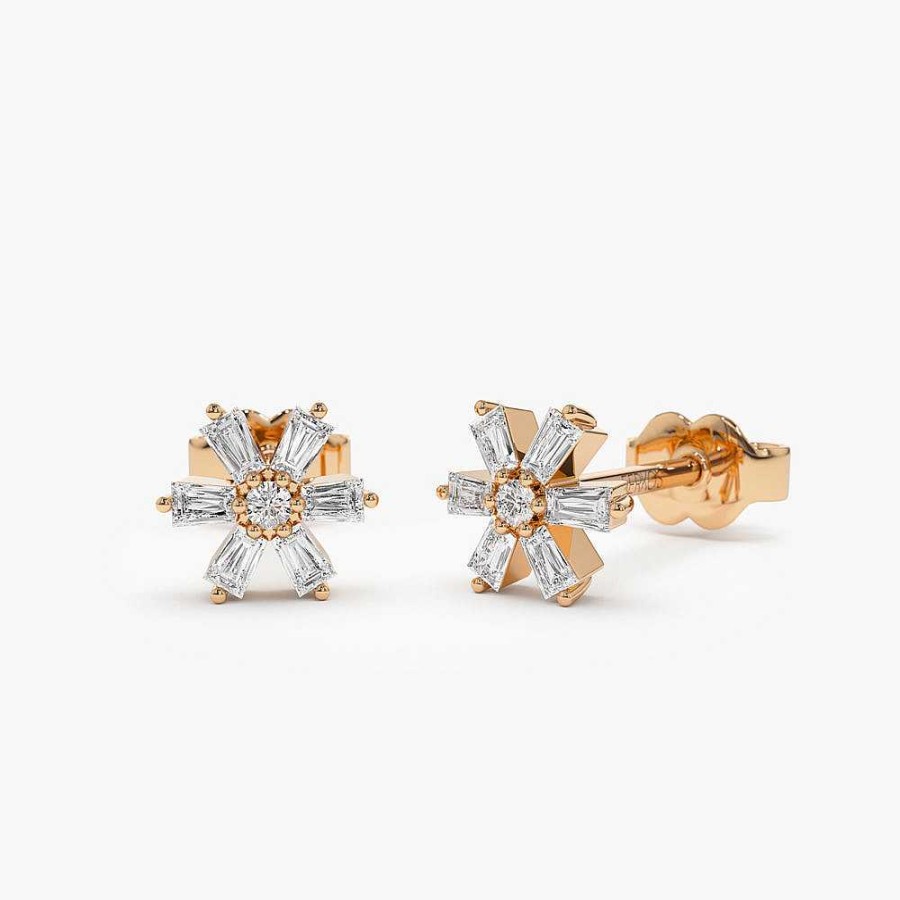 Earrings Ferkos Fine Jewelry | 14K Mini Flower Baguette Diamond Earrings