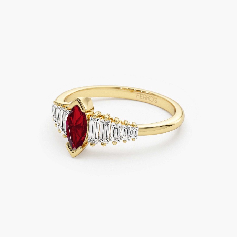 Rings Ferkos Fine Jewelry | Marquise Shape Ruby Ring With Baguette Accents