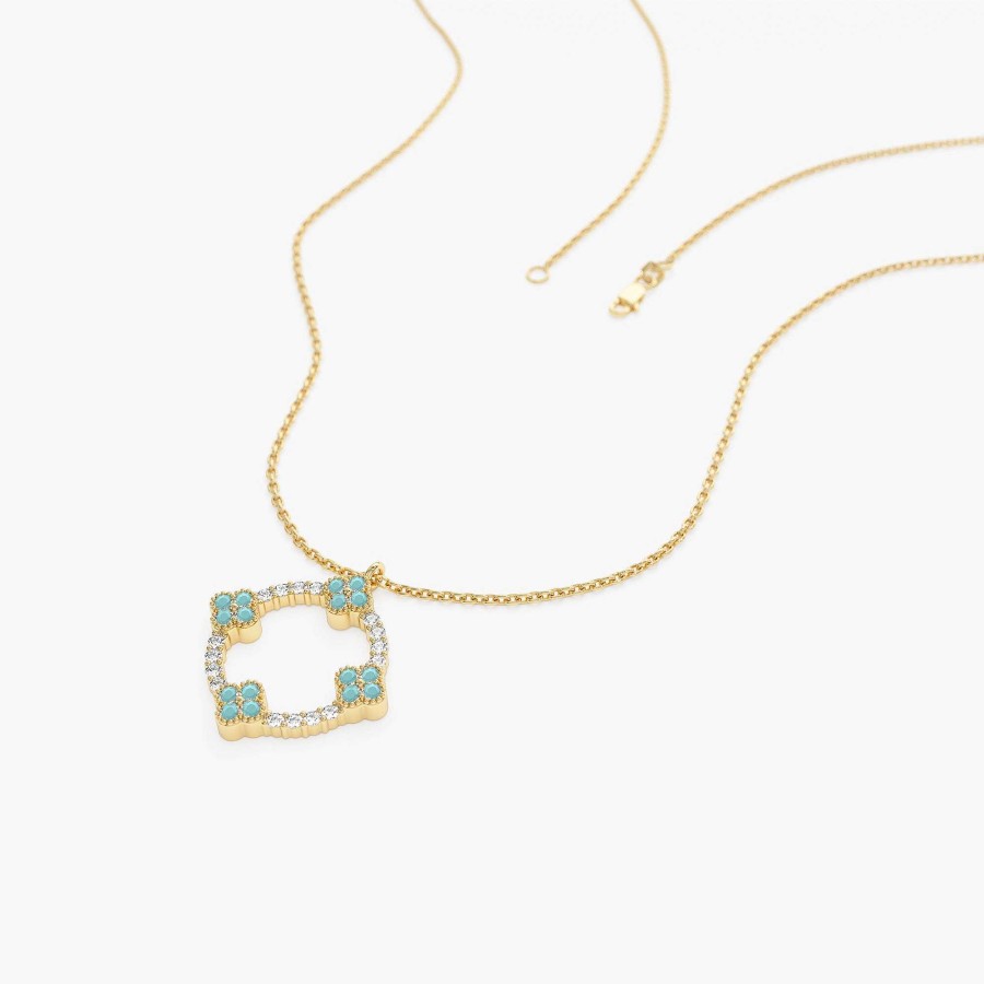 Necklaces Ferkos Fine Jewelry | 14K Turquoise And Diamond Clover Pendant Necklace