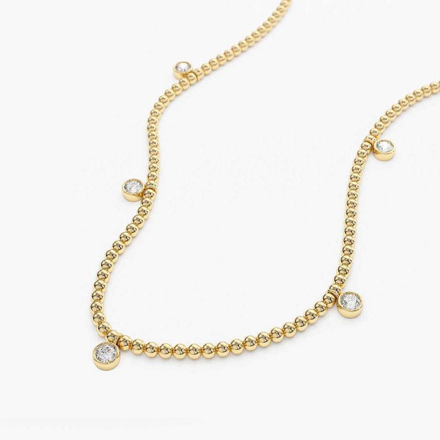 Necklaces Ferkos Fine Jewelry | 14K 2Mm Bead Necklace With Dangling Bezel Setting Diamonds