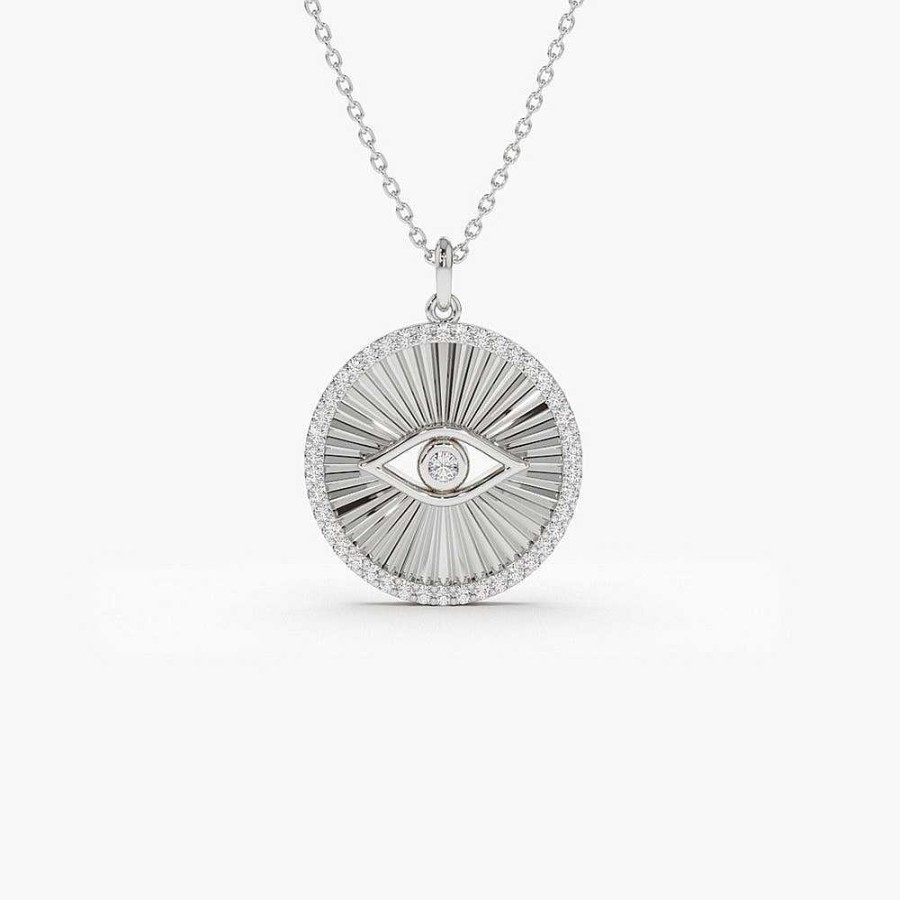 Necklaces Ferkos Fine Jewelry | 14K Evil Eye Diamond Medallion Necklace