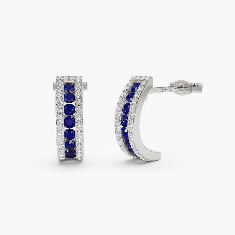 Earrings Ferkos Fine Jewelry | 14K Sapphire And Round Diamond Hoop Earrings