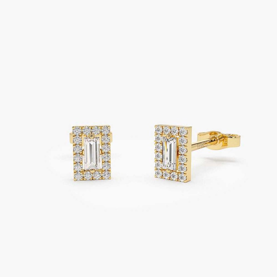 Earrings Ferkos Fine Jewelry | 14K Baguette Diamond Halo Setting Diamond Studs