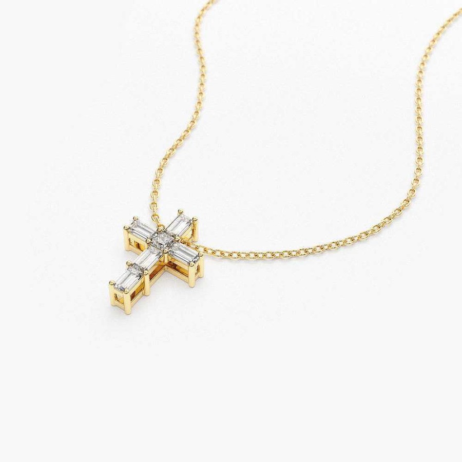 Necklaces Ferkos Fine Jewelry | Baguette Diamond Tiny Cross Necklace