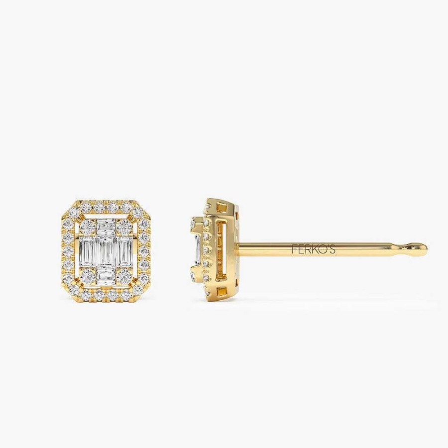 Earrings Ferkos Fine Jewelry | 14K Baguette And Round Diamond Studs Halo Setting