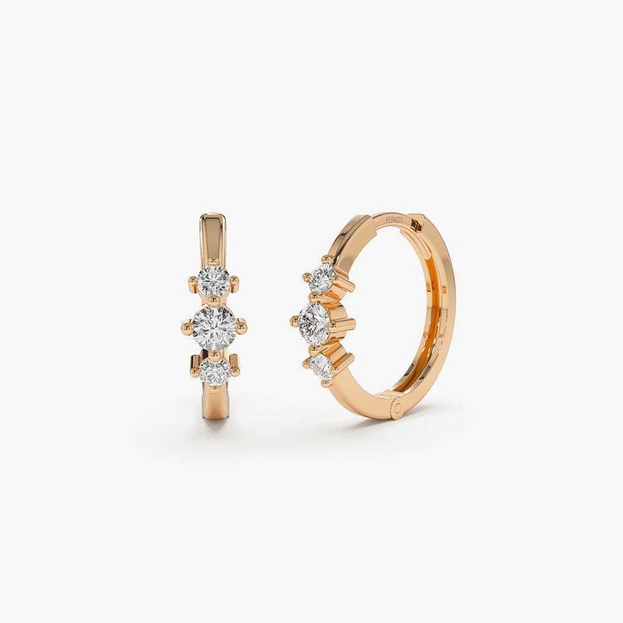 Earrings Ferkos Fine Jewelry | 14K Three Stone Mini Diamond Huggies