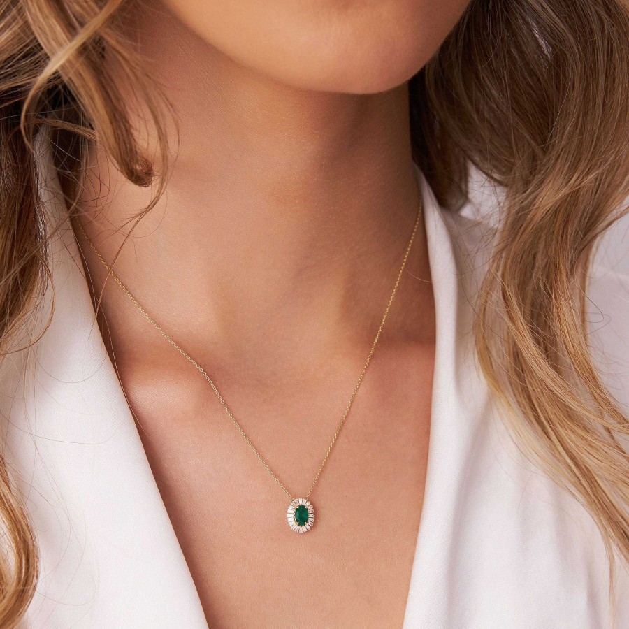 Necklaces Ferkos Fine Jewelry | 14K Oval Shape Emerald With Baguette Halo Setting Necklace