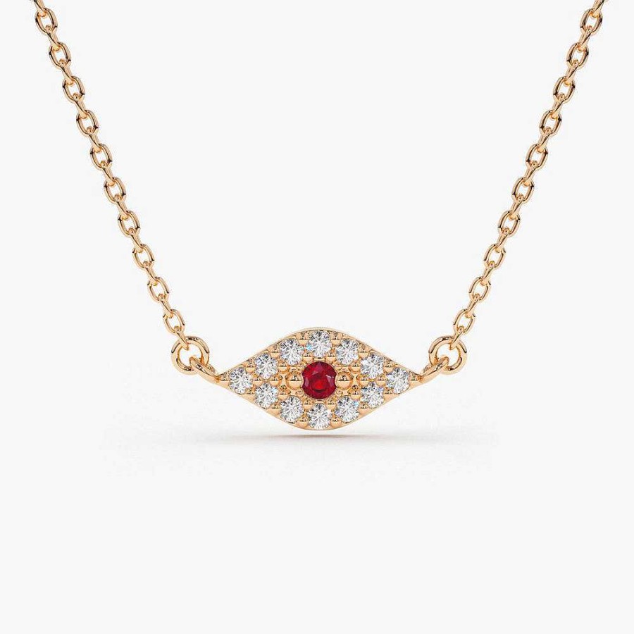 Necklaces Ferkos Fine Jewelry | Diamond And Ruby Evil Eye Necklace