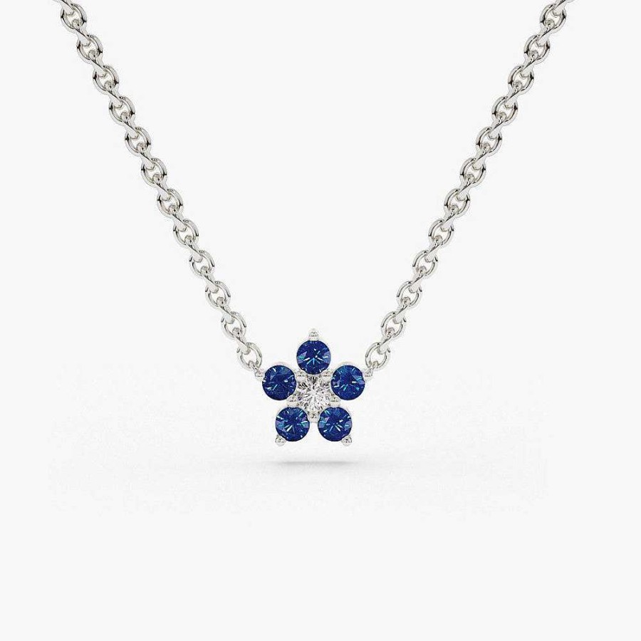 Necklaces Ferkos Fine Jewelry | 14K Sapphire And Diamond Flower Charm Necklace