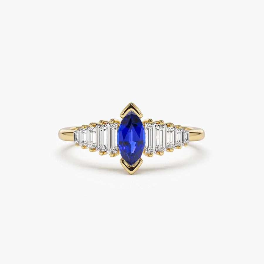 Rings Ferkos Fine Jewelry | Marquise Shape Sapphire Ring With Baguette Accents