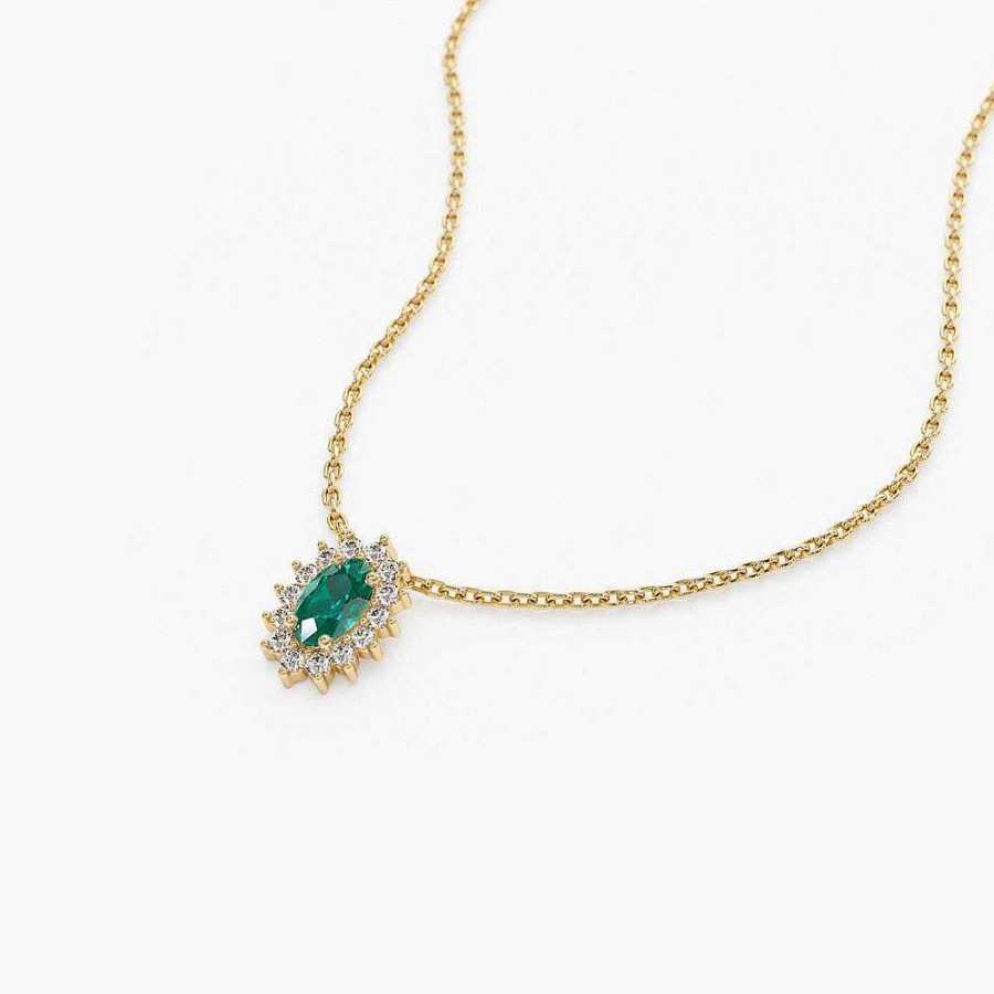 Necklaces Ferkos Fine Jewelry | 14K Emerald Necklace With Halo Diamonds