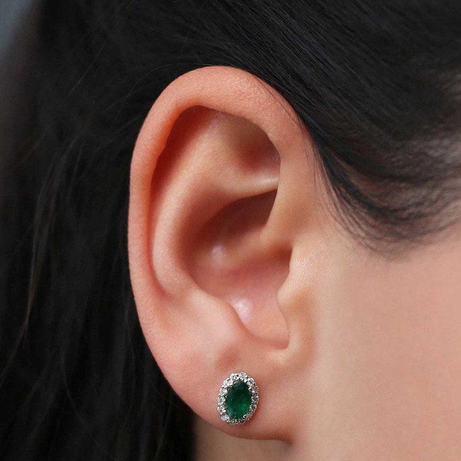 Earrings Ferkos Fine Jewelry | Oval Cut Emerald Diamond Earrings