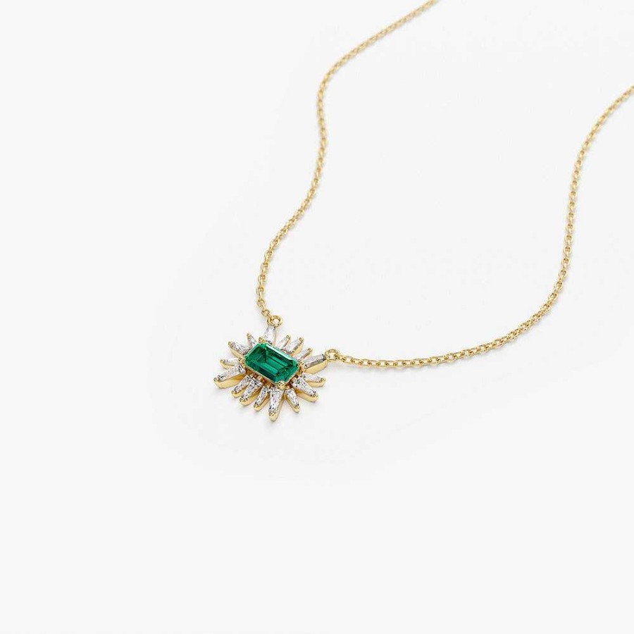 Necklaces Ferkos Fine Jewelry | 14K Tapered Baguette Diamond & Emerald Necklace