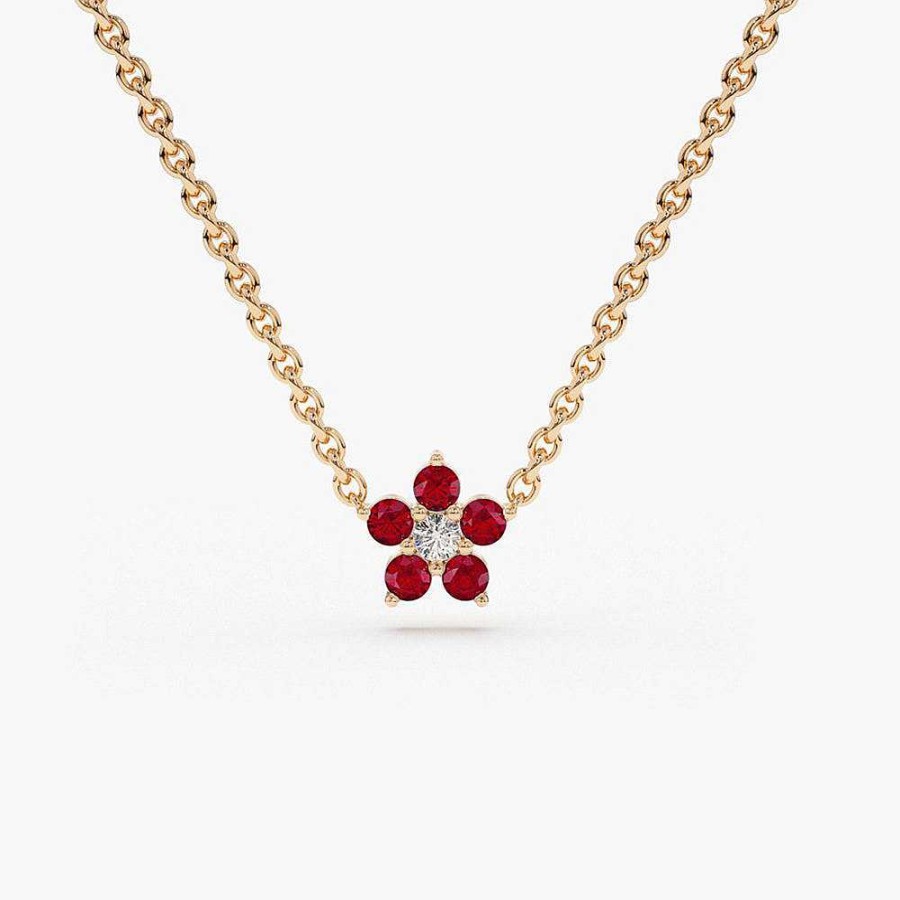 Necklaces Ferkos Fine Jewelry | 14K Ruby And Diamond Flower Charm Necklace