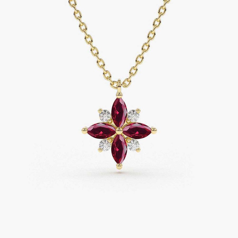 Necklaces Ferkos Fine Jewelry | 14K Floral Design Marquise Ruby And Diamond Pendant