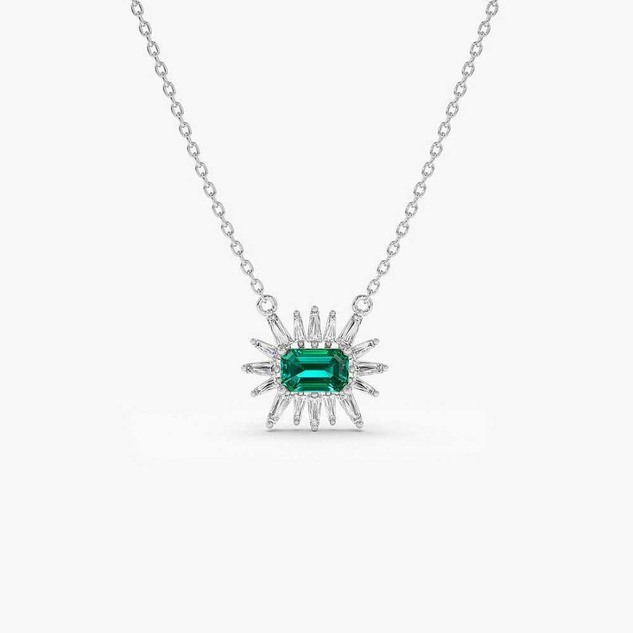 Necklaces Ferkos Fine Jewelry | 14K Tapered Baguette Diamond & Emerald Necklace