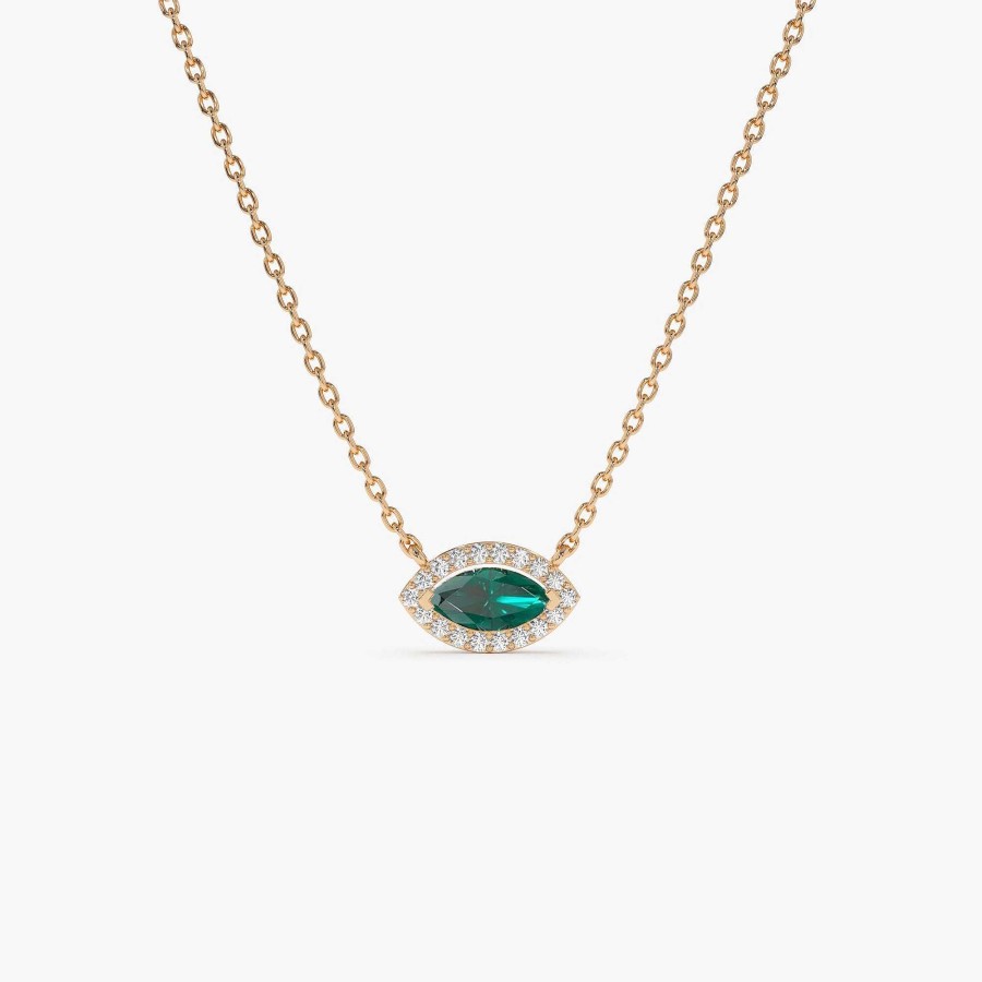 Necklaces Ferkos Fine Jewelry | 14K Marquise Emerald With Halo Diamond Setting