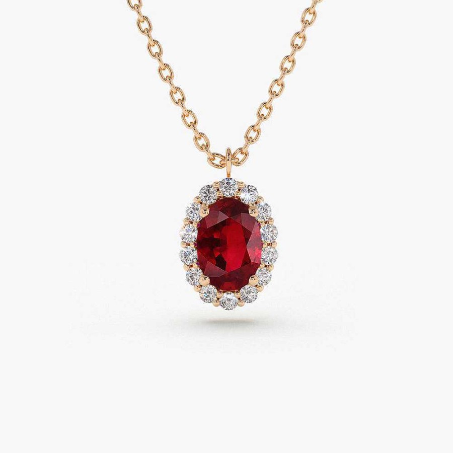 Necklaces Ferkos Fine Jewelry | Oval Cut Ruby Halo Diamond Necklace