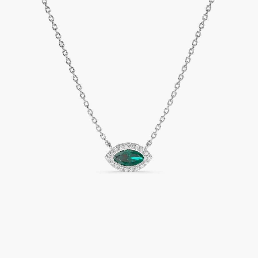 Necklaces Ferkos Fine Jewelry | 14K Marquise Emerald With Halo Diamond Setting