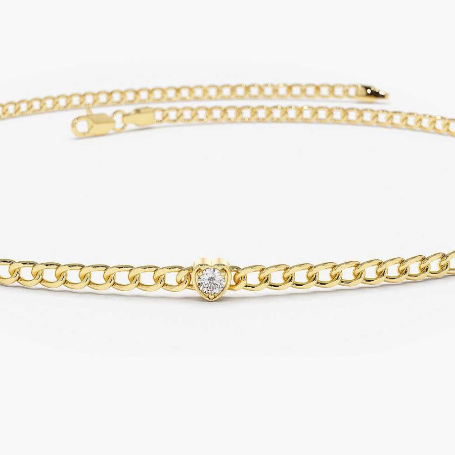 Bracelets Ferkos Fine Jewelry | 14K 2Mm Curb Link Bracelet W/ Heart Shape Solitaire Round Diamonds