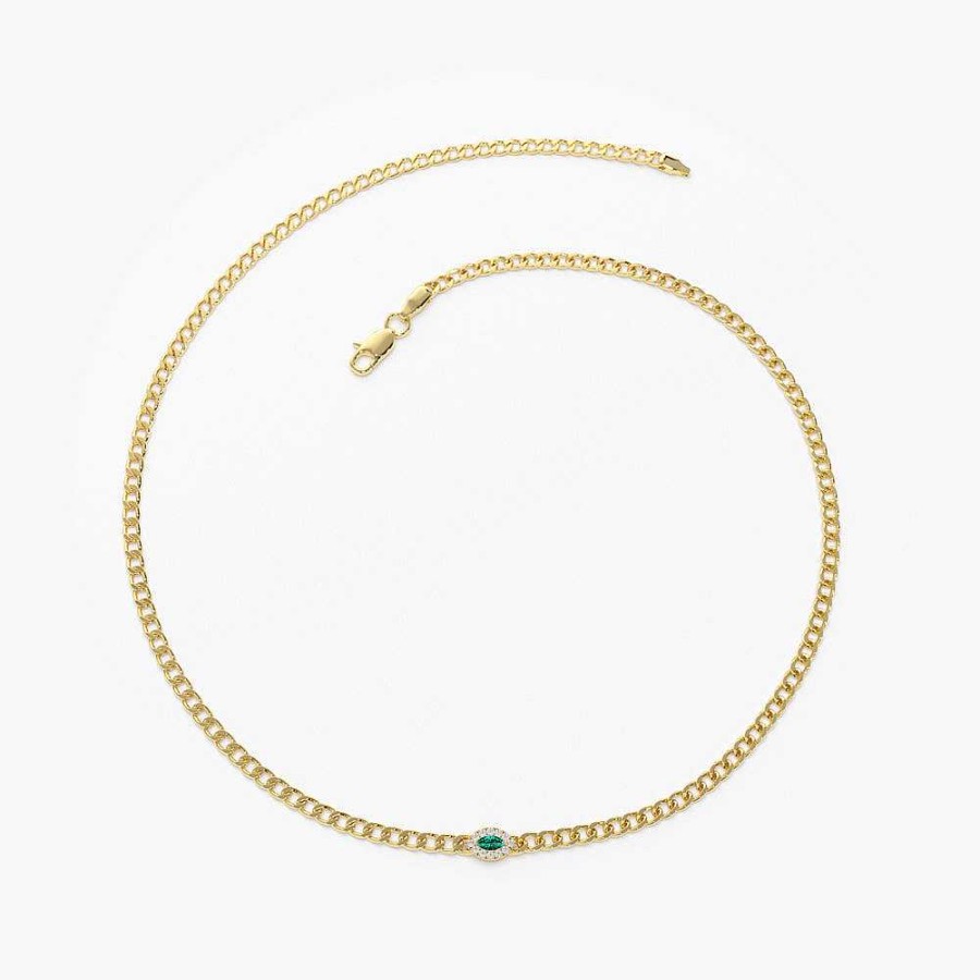 Bracelets Ferkos Fine Jewelry | 14K 2Mm Curb Link Marquise Emerald Bracelet