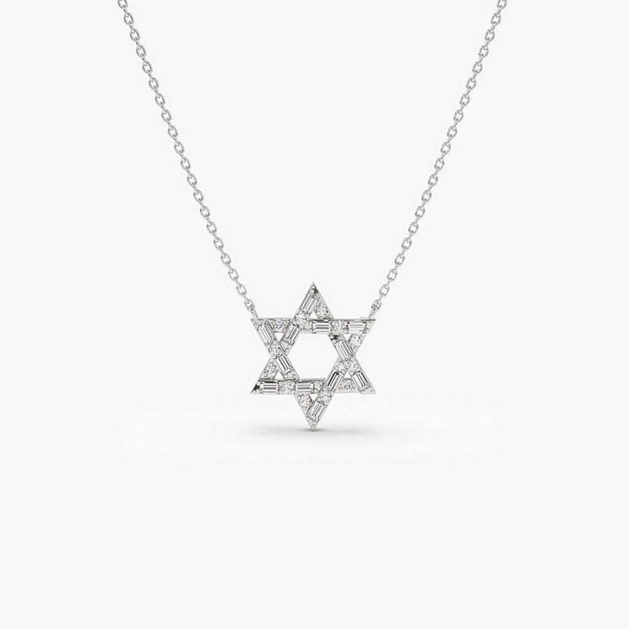 Necklaces Ferkos Fine Jewelry | Baguette Diamond Star Of David Necklace In 14K