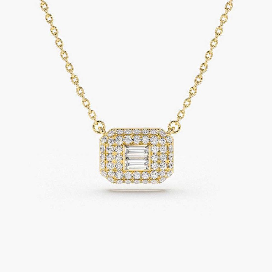 Necklaces Ferkos Fine Jewelry | 14K Baguette Diamond With Pave Diamond Necklace