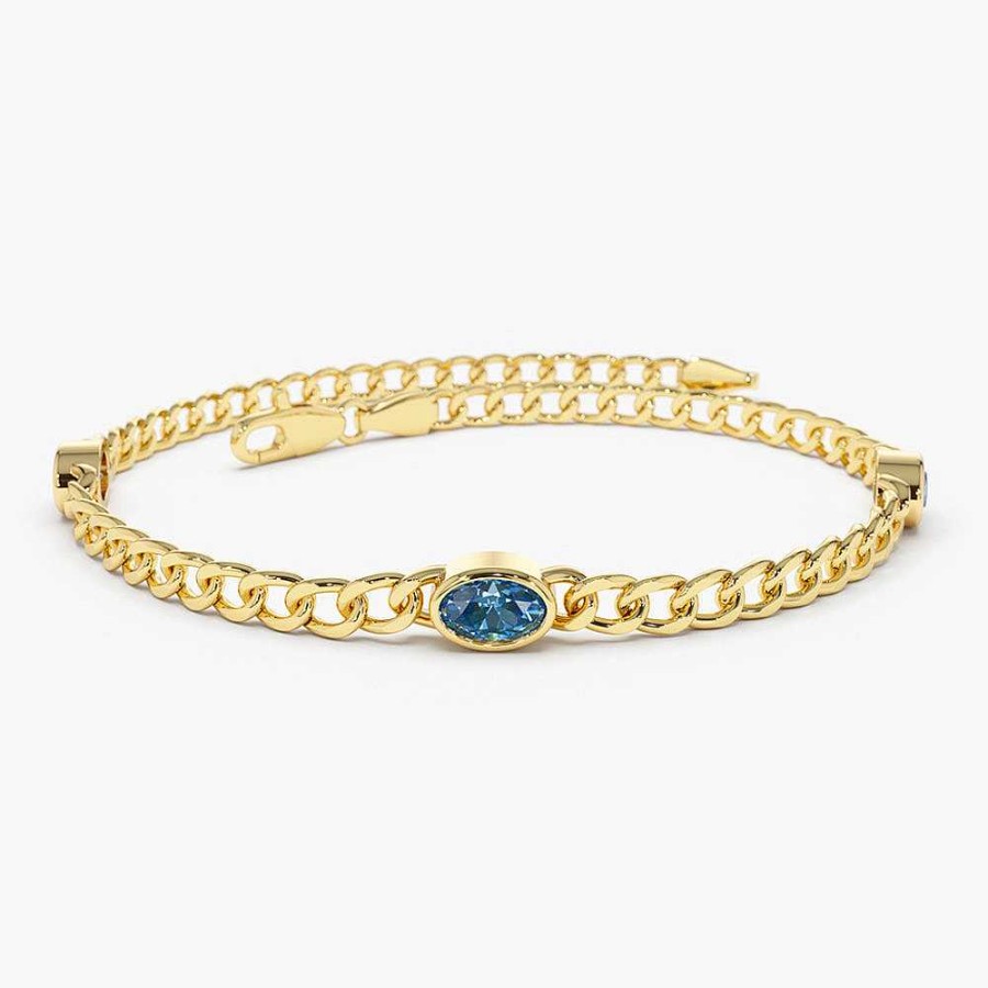 Bracelets Ferkos Fine Jewelry | 14K Cuban Link Bracelet W/ Bezel Setting London Blue Topaz