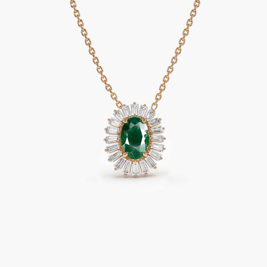 Necklaces Ferkos Fine Jewelry | 14K Oval Shape Emerald With Baguette Halo Setting Necklace