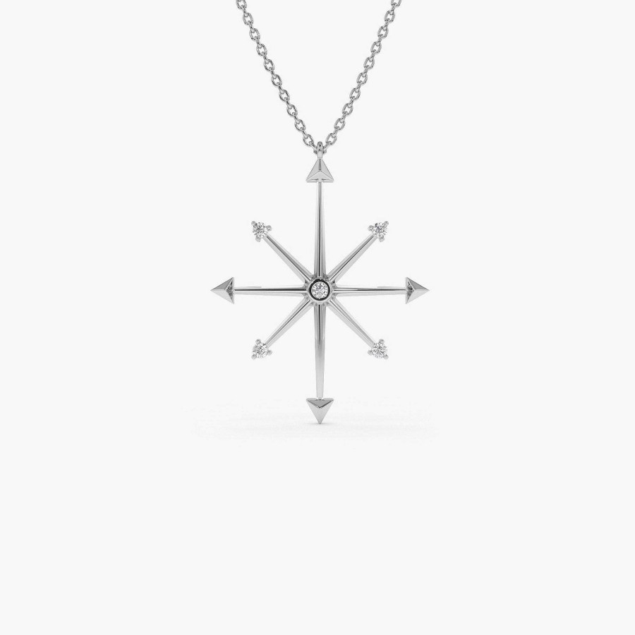 Necklaces Ferkos Fine Jewelry | 14K Layering Diamond Compass Charm Necklace