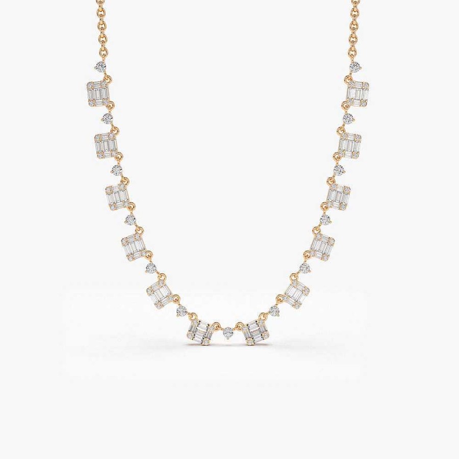 Necklaces Ferkos Fine Jewelry | 14K Solid Gold Illusion Setting Baguette Diamond Statement Necklace