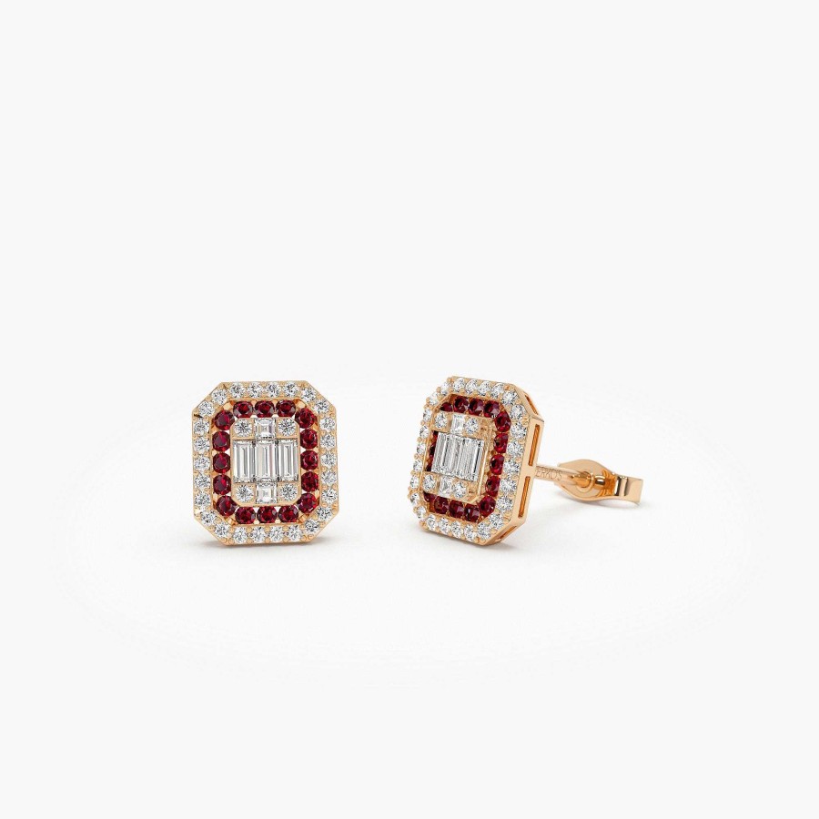 Earrings Ferkos Fine Jewelry | 14K Baguette And Round Ruby Studs Halo Setting