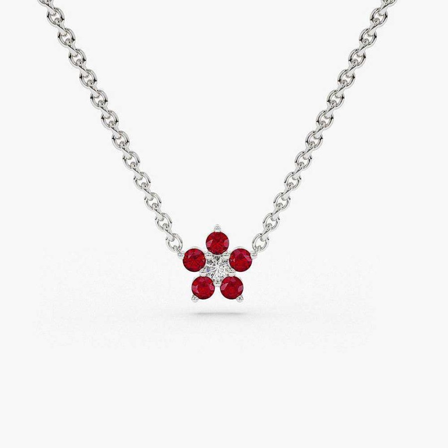 Necklaces Ferkos Fine Jewelry | 14K Ruby And Diamond Flower Charm Necklace