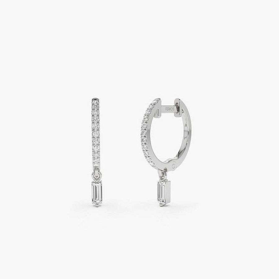 Earrings Ferkos Fine Jewelry | 14K Diamond Huggies With A Dangling Baguette Diamond