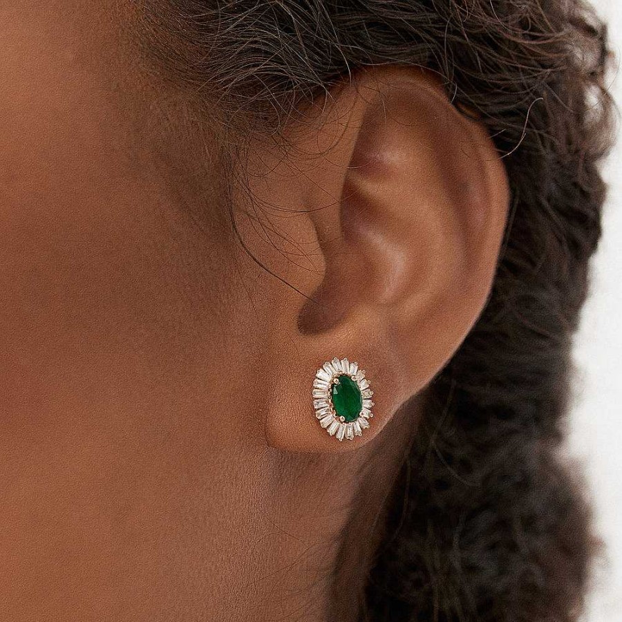 Earrings Ferkos Fine Jewelry | 14K Emerald And Baguette Diamond Ballerina Stud Earrings