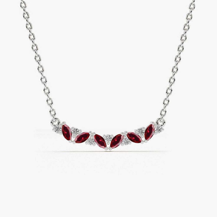 Necklaces Ferkos Fine Jewelry | 14K Slanted Ruby And Round Diamond Necklace