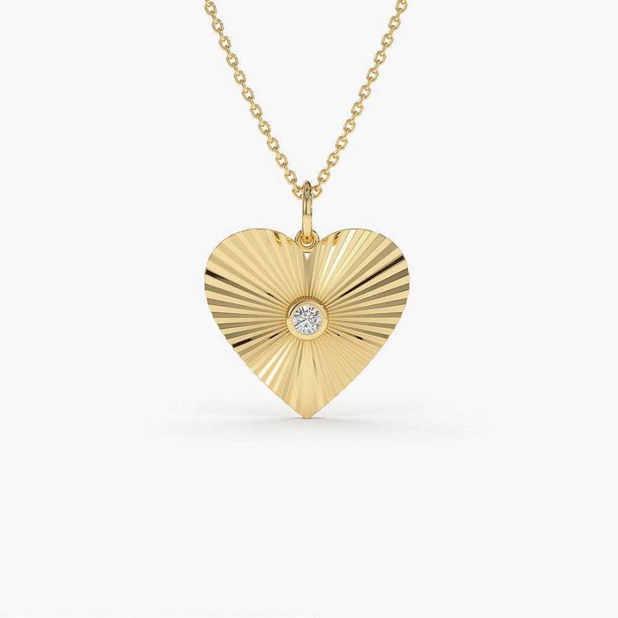 Necklaces Ferkos Fine Jewelry | 14K Diamond-Cut Heart Shape Disc Ray Pendant