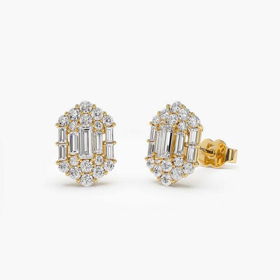 Earrings Ferkos Fine Jewelry | 14K Baguette & Round Diamond Hexagon Studs