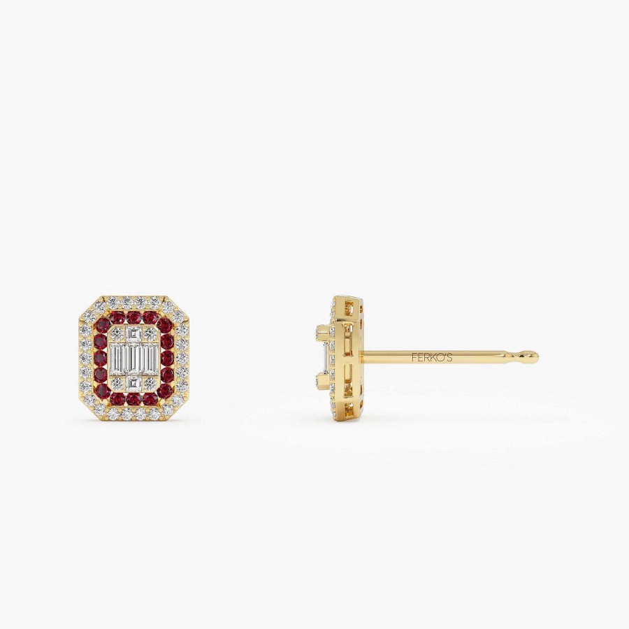 Earrings Ferkos Fine Jewelry | 14K Baguette And Round Ruby Studs Halo Setting