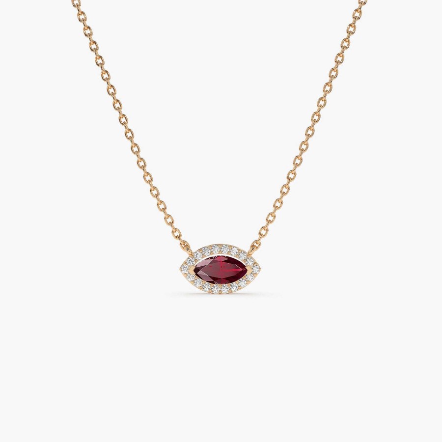 Necklaces Ferkos Fine Jewelry | 14K Marquise Ruby With Halo Diamond Setting