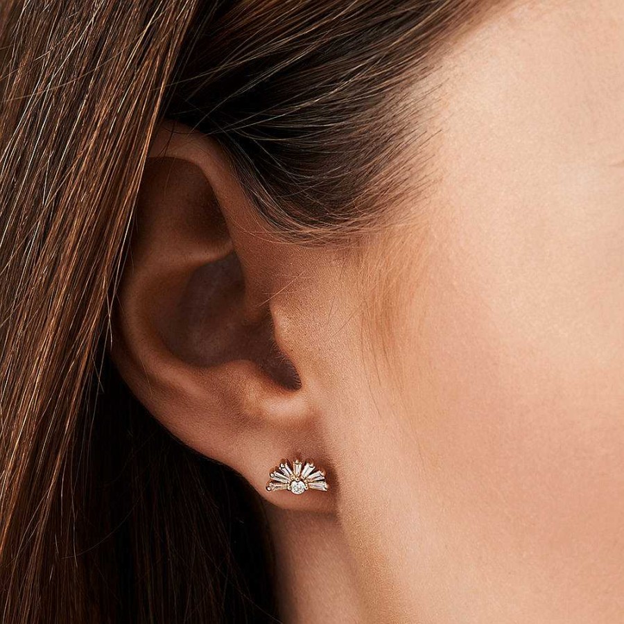 Earrings Ferkos Fine Jewelry | 14K Half Round Tapered Baguette Diamond Studs