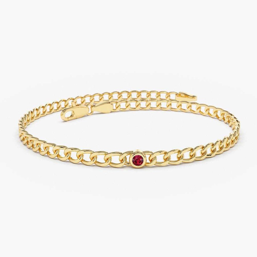 Bracelets Ferkos Fine Jewelry | 14K Gold Cuban Link Bracelet W/ Bezel Setting Ruby