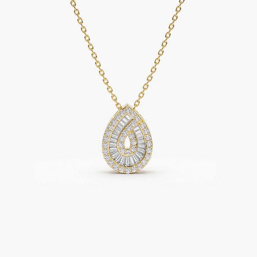 Necklaces Ferkos Fine Jewelry | 14K Teardrop Shape Baguette And Round Diamond Statement Necklace